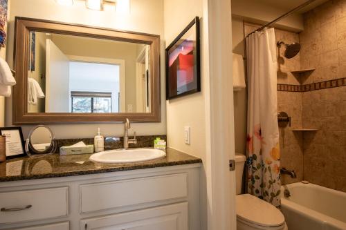 a bathroom with a sink and a mirror at Cottonwood Condo 1469 in Sun Valley