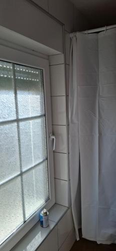 a bathroom with a window with a shower curtain at Vila Jovana in Vrdnik