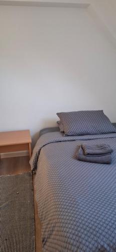 a bed with a blue comforter and a wooden table at Vila Jovana in Vrdnik