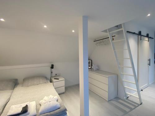 a bedroom with a bunk bed and a ladder at modernes DG Apartment Schloofschdubb Nähe Kassel in Fuldatal