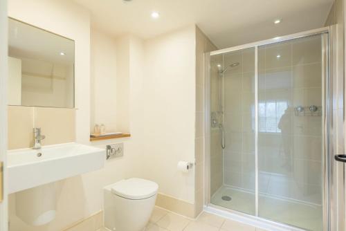 a bathroom with a shower and a toilet and a sink at Kiln House, Snape Maltings in Snape