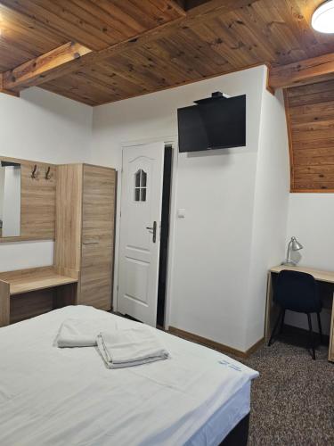 a bedroom with a bed with a tv on the wall at "Hel" Wieniec Zdrój in Włocławek