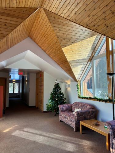 a living room with a couch and a christmas tree at Auberge du Jardin in Petit-Saguenay