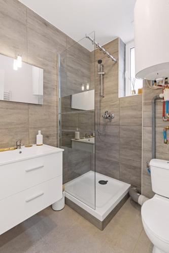 une salle de bain avec une douche, des toilettes et un lavabo dans l'établissement T2 cosy - stationnement gratuit, à Bourg-en-Bresse