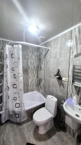 a bathroom with a white toilet and a sink at Садиба Святослав in Skhidnitsa