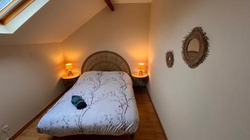 a bedroom with a bed and two lamps and a mirror at Douceur et quiétude rurale in Lassay-sur-Croisne