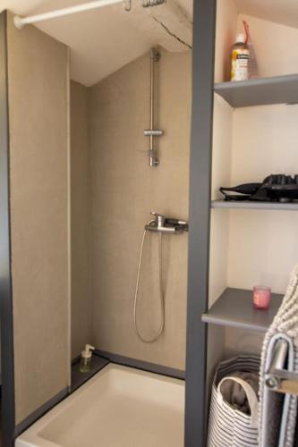 une salle de bain avec une douche avec pommeau de douche dans l'établissement Soleil levant, à Périgueux