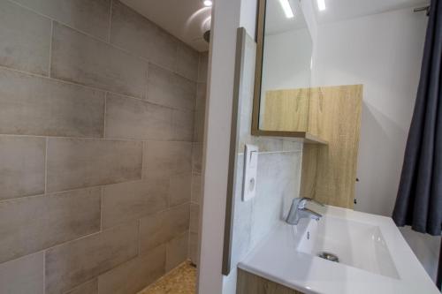 une salle de bain avec un lavabo et un miroir dans l'établissement Chez flo et guillaume, à Saint-André-dʼAllas