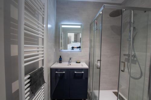 un baño con lavabo y ducha en Kaz a muscadelle, en Saint-Laurent-des-Vignes
