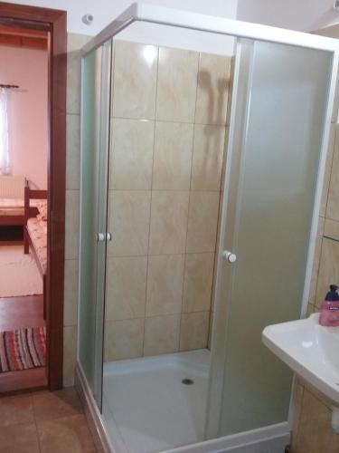 a shower with a glass door next to a sink at Pensiunea Rose in Păuleni-Ciuc