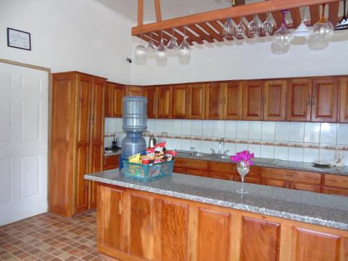 a kitchen with wooden cabinets and a counter top at Hostal Villas Mexico in San Juan del Sur