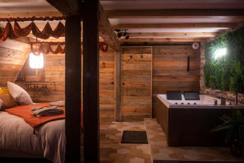 a bedroom with a bed and a bath tub at Suite & SPA 1566 Benfeld in Benfeld