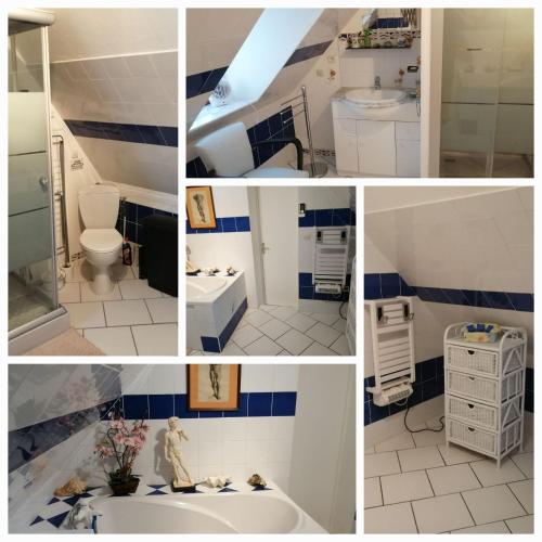 un collage de quatre photos d'une salle de bains dans l'établissement La p'etit maison rose, à Malouy