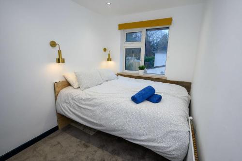 a bedroom with a bed with blue pillows on it at LITTLE COTO Fully Equipped South West Home By STAE-Homes in Bristol