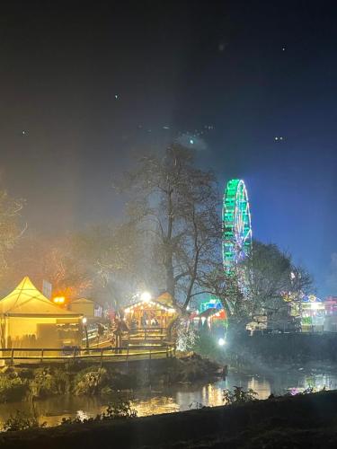 a carnival with a ferris wheel at night at Between Meteora Trikala BMT House in Tríkala