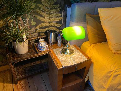 a green lamp on a table next to a bed at Sambre d'amis in Landelies