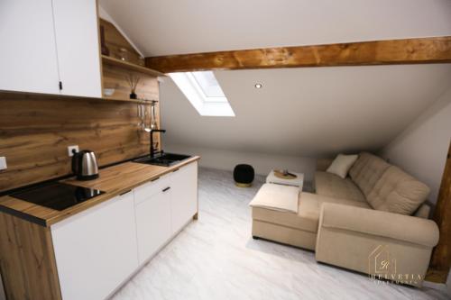 a kitchen and a living room with a couch at Helvetia Apartments in Jajce