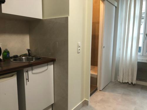 Il comprend une cuisine avec un évier et une salle de bains pourvue d'une douche. dans l'établissement Le studio de Bastille Paris, à Paris