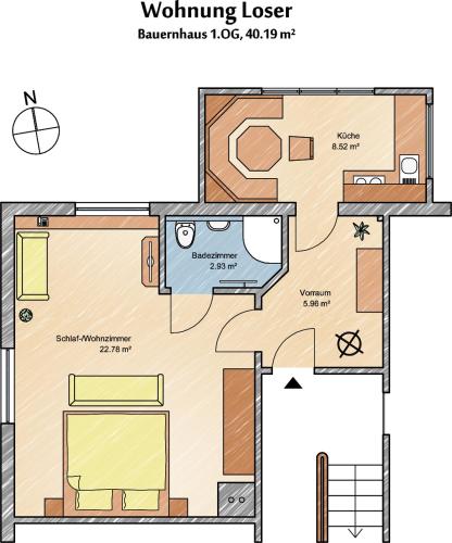 a floor plan of a room with a bathroom at Stangl - Hof in Bad Aussee