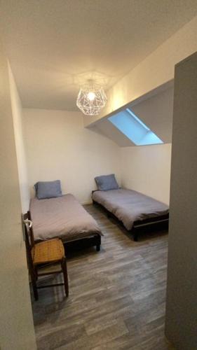 Cette chambre comprend deux lits et un lustre. dans l'établissement L'annexe, à Savoisy