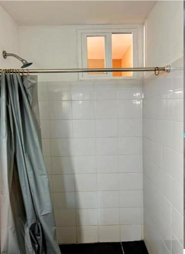 a bathroom with a shower curtain and a window at Flamingo 38 en SúperAnfitrión Coyoacán in Mexico City