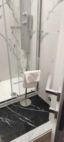 a bathroom with a shower and a black floor at Hotel Esperanza in Florence