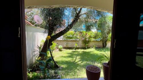 a window view of a yard with a tree at Casa espaçosa com sala de jogos interna e externa in Florianópolis