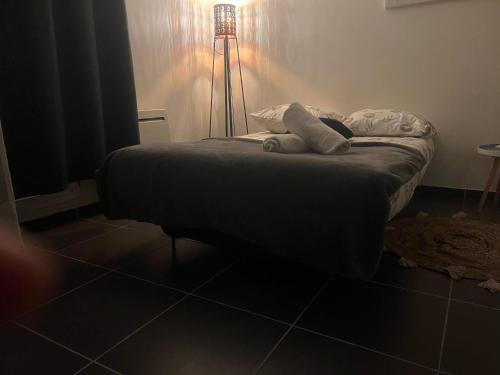 - un lit non aménagé dans une chambre avec une lampe dans l'établissement Studio Hanoï charpenne, à Villeurbanne