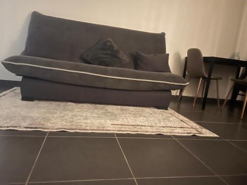 - un canapé dans le salon avec un tapis dans l'établissement Studio Hanoï charpenne, à Villeurbanne