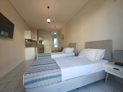 a bedroom with two beds and a television in it at Marina Studio Appartments in Kardamaina