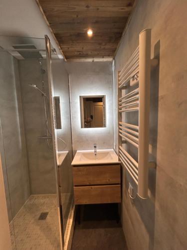 a bathroom with a sink and a shower at Avoriaz Le N205 in Avoriaz