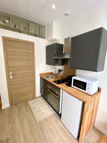 eine kleine Küche mit Mikrowelle und Spüle in der Unterkunft Studio cosy Nice in Nizza