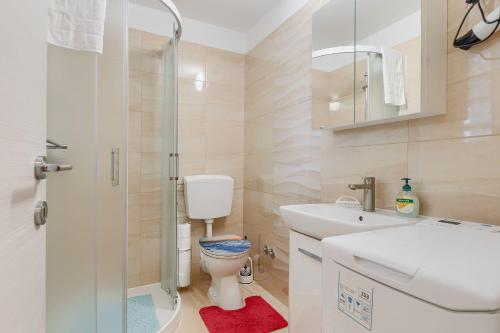 a bathroom with a toilet and a sink and a shower at Modernes Apartment mit Panoramablick, Pool - inmitten von historischem Zentrum in Pazin