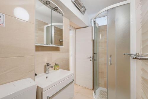 a bathroom with a shower and a sink and a toilet at Mediterranes Apartment mit Panoramablick, Pool, Privatparkplatz, Grill in Pazin