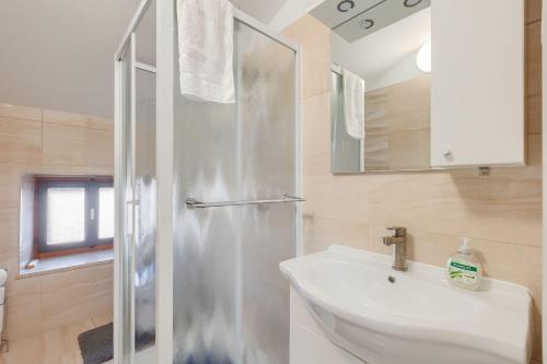 a bathroom with a shower and a white sink at Beeindruckendes Apartment mit Panoramablick, Pool, Privatparkplatz, Grill in Pazin