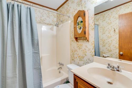 a bathroom with a sink and a toilet and a shower at Birdwatching, Board Games and BBQs Cabin in Murphy! in Salem