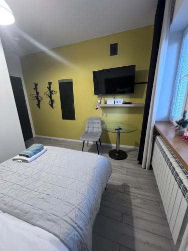 a bedroom with a bed and a table and a tv at Apartamenty Pokoje Willa Bielany in Warsaw