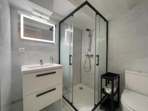 une salle de bain avec une douche, un lavabo et des toilettes dans l'établissement Le Cosy’ Moderne - Proche Musée d'Art Moderne, à Strasbourg