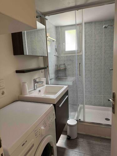 une salle de bain avec un lavabo et une machine à laver dans l'établissement Appartement raffiné près de la mer et des commerces, à La Flotte