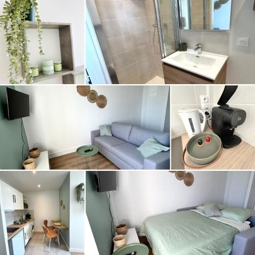 un collage de quatre photos d'une pièce dans l'établissement Le cosy Twin, à Villefranche-sur-Saône