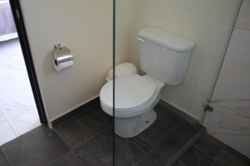 a bathroom with a toilet and a glass shower stall at Cómoda y Acogedora Casa cerca de Av Torreón Nuevo in Morelia