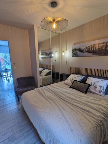 a bedroom with a large bed and a mirror at Gite L olivier in Baho