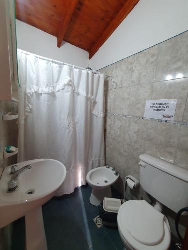 a bathroom with a white toilet and a sink at Cabañas del Puente - Rio Grande San Luis in La Bajada