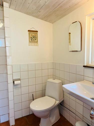a white bathroom with a toilet and a sink at Solröje in Simrishamn