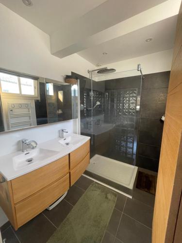 une salle de bain avec un lavabo et une douche dans l'établissement Maison individuelle avec piscine et SPA, à Afa