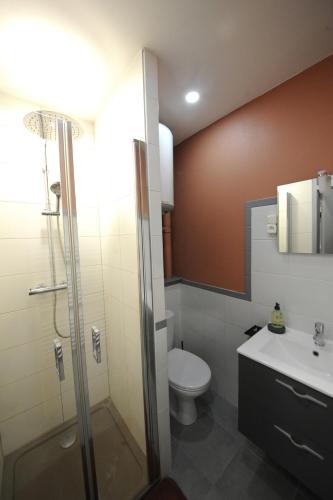 une salle de bain avec une douche, des toilettes et un lavabo dans l'établissement L' Empesson, à Clairvaux-les-Lacs