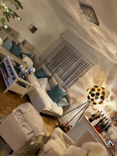 a living room with a bed and a couch at Gemütliche Zimmer - nahe am EuroVisionContest in Riehen
