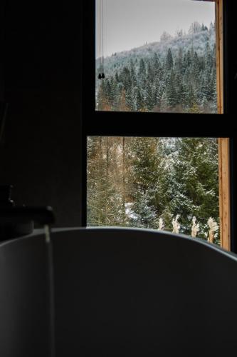 a window with a view of a snow covered forest at Rycerki Dom na Szlaku in Rajcza