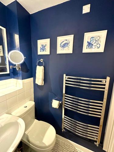 a blue bathroom with a toilet and a sink at Northern Line Studio Stay with Free Parking in Mitcham