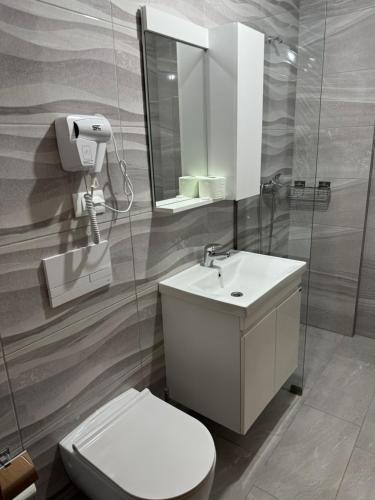 a bathroom with a toilet and a sink and a mirror at Hotel Majestic in Struga